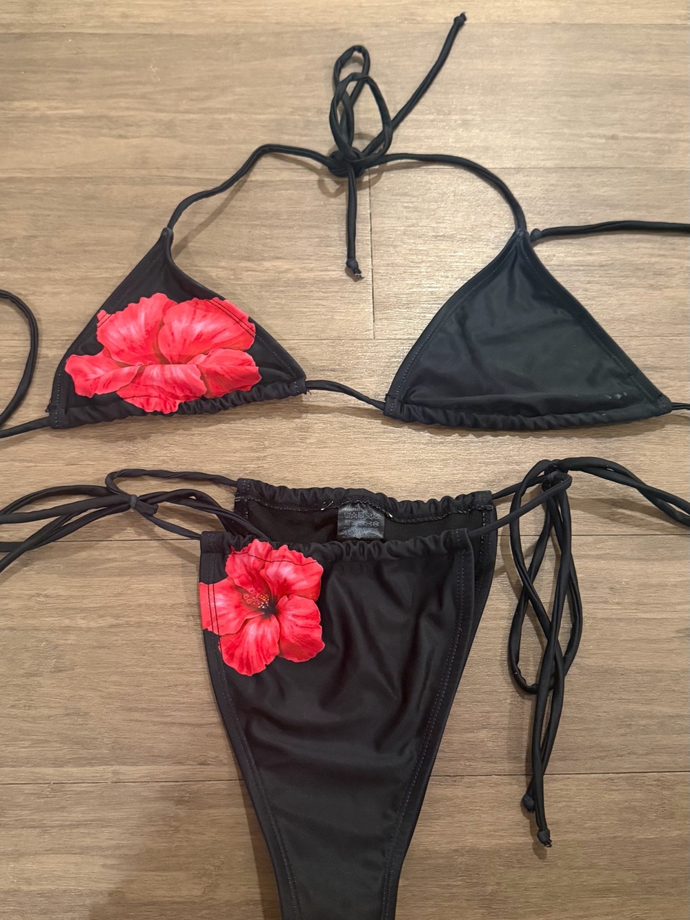 PrettyLittleThing Black Triangle Bikini with Red Floral Appliqué